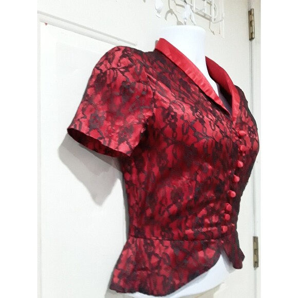 Vintage Blouse,Jolie Madame Top, Fitted Red Satin/ Black Lace, Goth, Steampunk - Picture 2 of 10